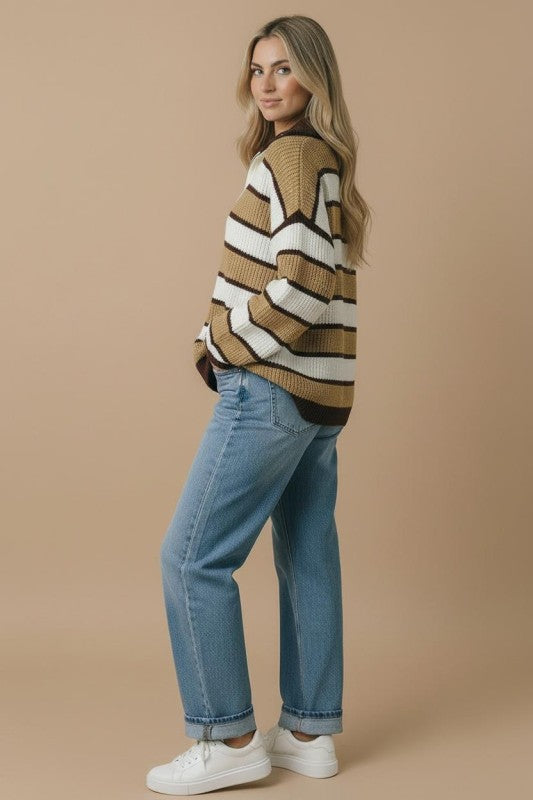 Camel Striped Half-Zip Sweater