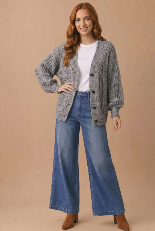 Grey Chunky Cable Knit Cardigan