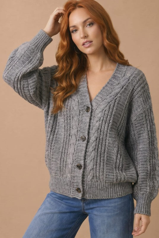 Grey Chunky Cable Knit Cardigan
